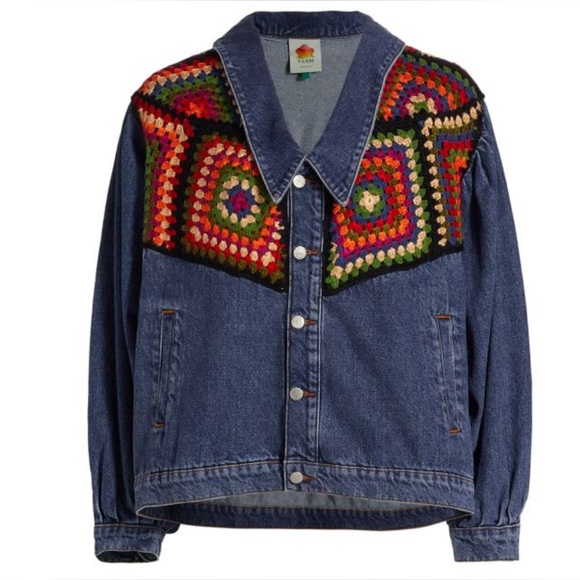 FARM RIO Crochet Embroidered Denim Jacket granny square‎ medium black new med - Picture 2 of 14
